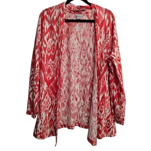 Chico's Ikat Print linen Cardigan XL Red Cream Boho Resort Coastal Grandma artsy